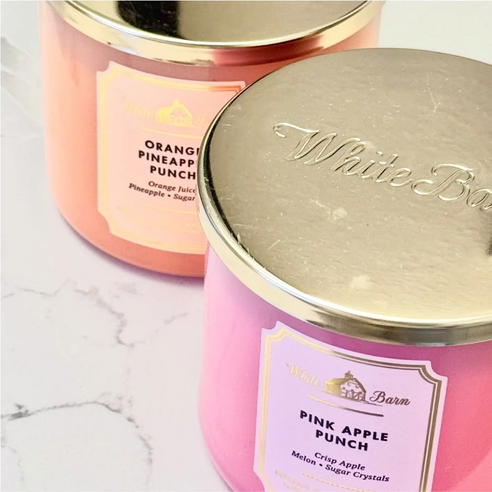 (2) White Barn Candles Orange Pineapple Punch & Pink Apple Punch 3 Wick NWT Lids - Picture 6 of 6
